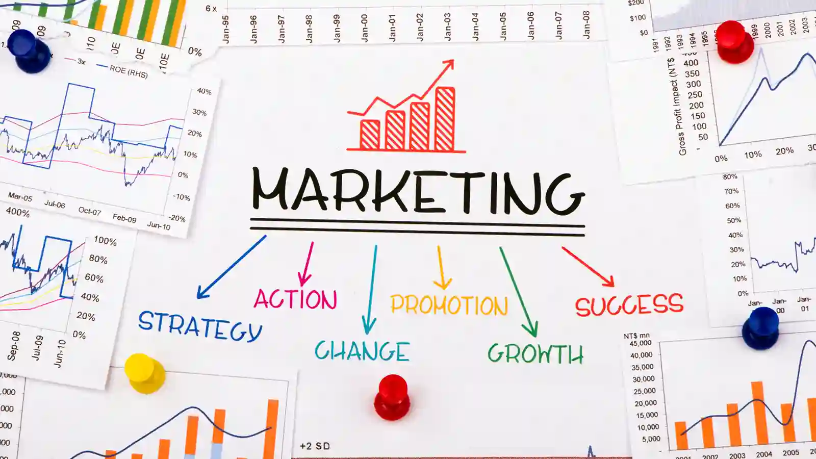 A megaphone with social media and marketing icons.